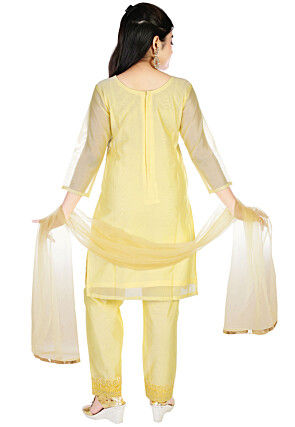 Embroidered Chanderi Silk Pakistani Suit in Yellow