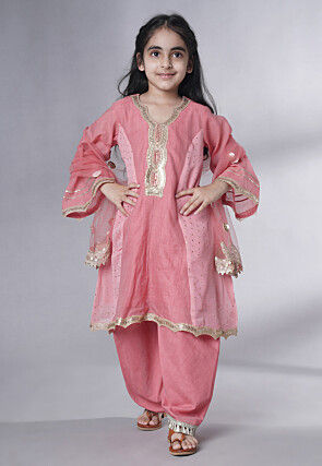 Embroidered Chanderi Silk Punjabi Suit in Baby Pink