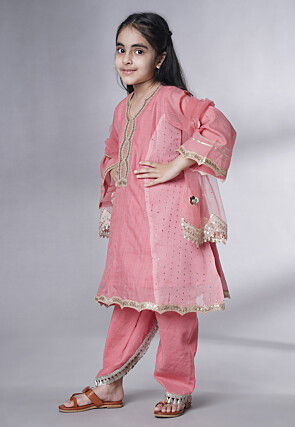 Embroidered Chanderi Silk Punjabi Suit in Baby Pink