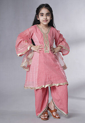 Embroidered Chanderi Silk Punjabi Suit in Baby Pink
