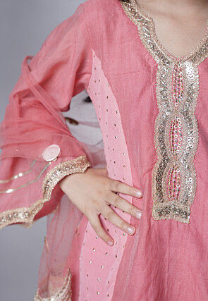 Embroidered Chanderi Silk Punjabi Suit in Baby Pink
