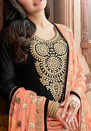 Embroidered Chanderi Silk Punjabi Suit in Black
