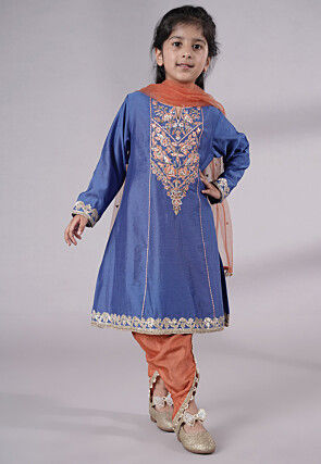 Embroidered Chanderi Silk Punjabi Suit in Blue