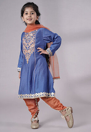 Embroidered Chanderi Silk Punjabi Suit in Blue