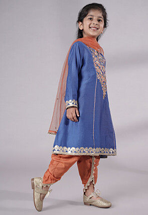 Embroidered Chanderi Silk Punjabi Suit in Blue