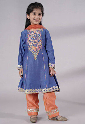 Embroidered Chanderi Silk Punjabi Suit in Blue