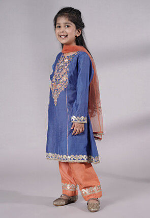 Embroidered Chanderi Silk Punjabi Suit in Blue