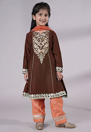 Embroidered Chanderi Silk Punjabi Suit in Brown