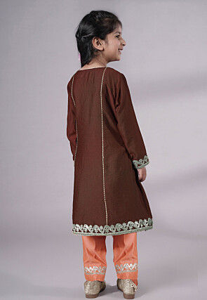 Embroidered Chanderi Silk Punjabi Suit in Brown