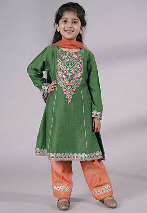 Embroidered Chanderi Silk Punjabi Suit in Green