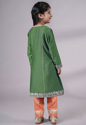 Embroidered Chanderi Silk Punjabi Suit in Green