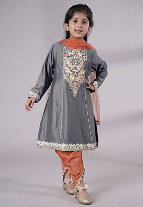 Embroidered Chanderi Silk Punjabi Suit in Grey