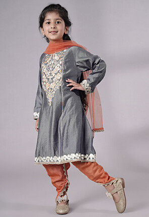 Embroidered Chanderi Silk Punjabi Suit in Grey