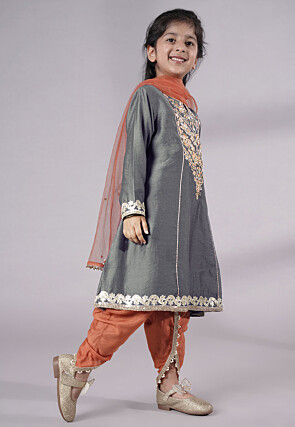 Embroidered Chanderi Silk Punjabi Suit in Grey