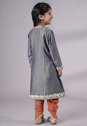 Embroidered Chanderi Silk Punjabi Suit in Grey