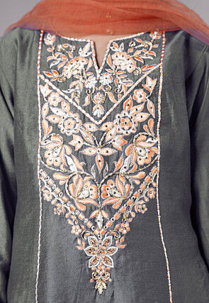 Embroidered Chanderi Silk Punjabi Suit in Grey