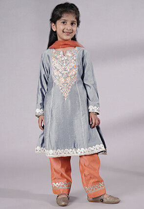 Embroidered Chanderi Silk Punjabi Suit in Grey