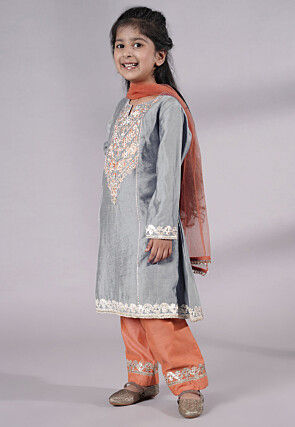 Embroidered Chanderi Silk Punjabi Suit in Grey