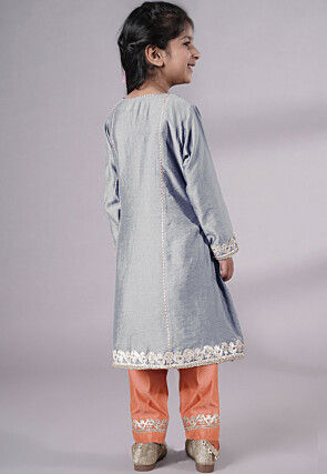 Embroidered Chanderi Silk Punjabi Suit in Grey