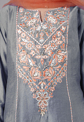 Embroidered Chanderi Silk Punjabi Suit in Grey