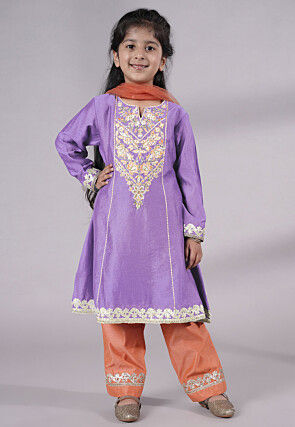 Embroidered Chanderi Silk Punjabi Suit in Light Purple