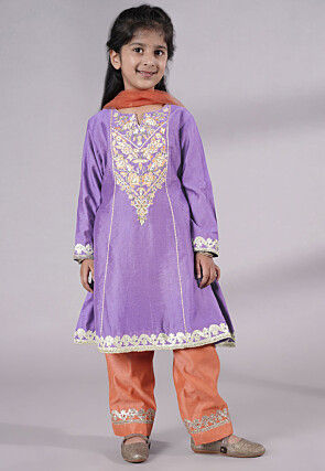 Embroidered Chanderi Silk Punjabi Suit in Light Purple