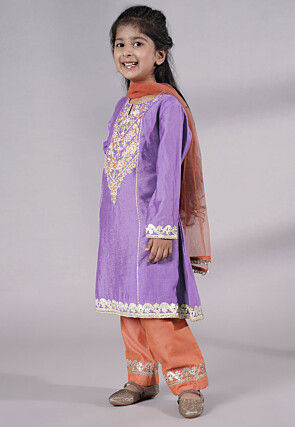 Embroidered Chanderi Silk Punjabi Suit in Light Purple
