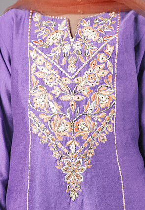 Embroidered Chanderi Silk Punjabi Suit in Light Purple