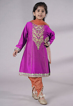 Embroidered Chanderi Silk Punjabi Suit in Magenta