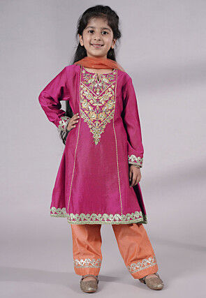 Embroidered Chanderi Silk Punjabi Suit in Magenta