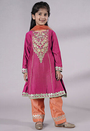 Embroidered Chanderi Silk Punjabi Suit in Magenta