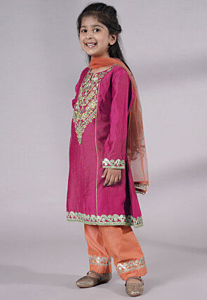 Embroidered Chanderi Silk Punjabi Suit in Magenta