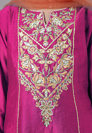 Embroidered Chanderi Silk Punjabi Suit in Magenta