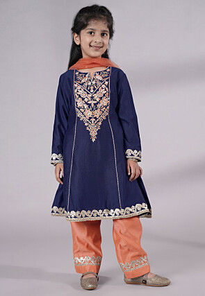 Embroidered Chanderi Silk Punjabi Suit in Navy Blue