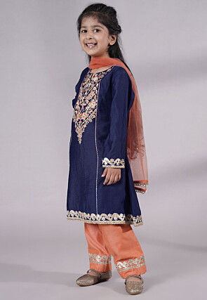 Embroidered Chanderi Silk Punjabi Suit in Navy Blue