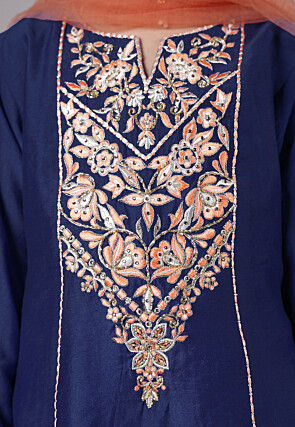 Embroidered Chanderi Silk Punjabi Suit in Navy Blue