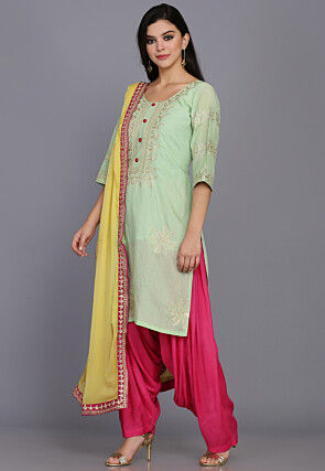 Embroidered Chanderi Silk Punjabi Suit in Pastel Green