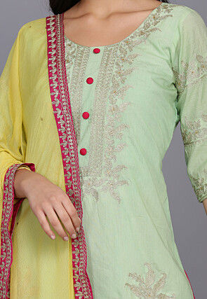 Embroidered Chanderi Silk Punjabi Suit in Pastel Green