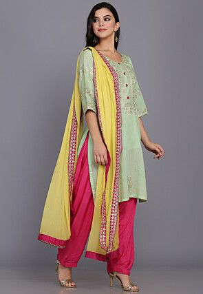 Embroidered Chanderi Silk Punjabi Suit in Pastel Green