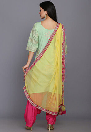 Embroidered Chanderi Silk Punjabi Suit in Pastel Green