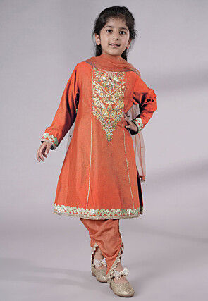 Embroidered Chanderi Silk Punjabi Suit in Peach