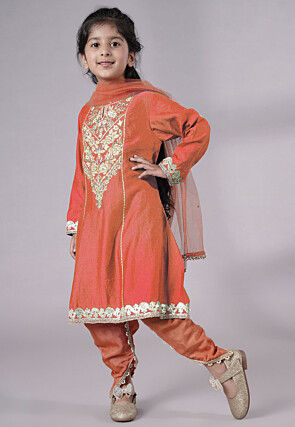 Embroidered Chanderi Silk Punjabi Suit in Peach