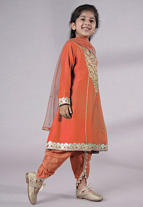 Embroidered Chanderi Silk Punjabi Suit in Peach