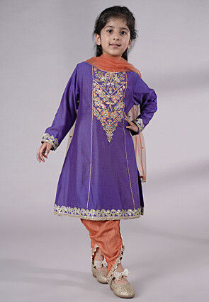 Embroidered Chanderi Silk Punjabi Suit in Purple
