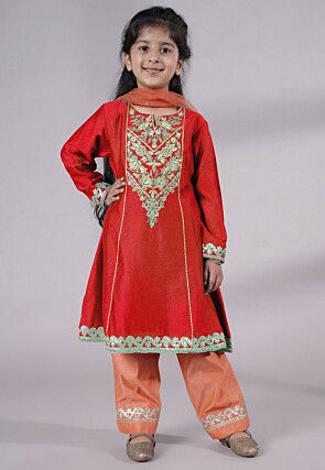 Embroidered Chanderi Silk Punjabi Suit in Red