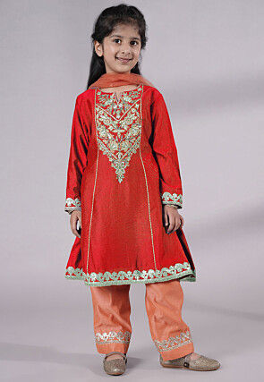 Embroidered Chanderi Silk Punjabi Suit in Red