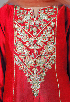 Embroidered Chanderi Silk Punjabi Suit in Red