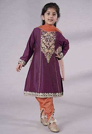Embroidered Chanderi Silk Punjabi Suit in Wine