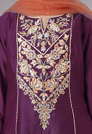 Embroidered Chanderi Silk Punjabi Suit in Wine