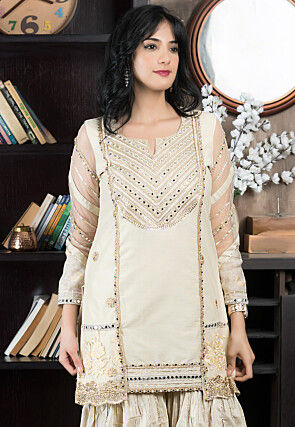 Embroidered Chanderi Silk Straight Kurta in Beige